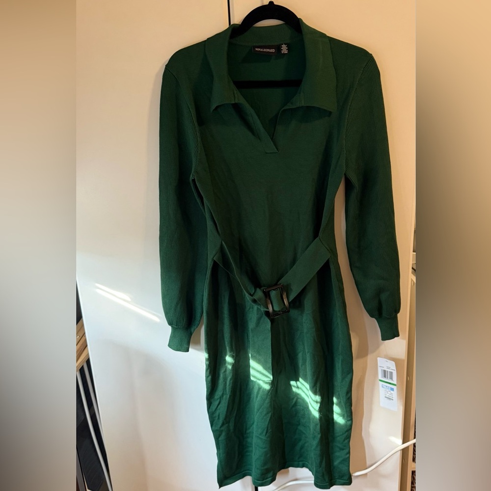 Nina Leonard Deep Green Long Sleeve Dress